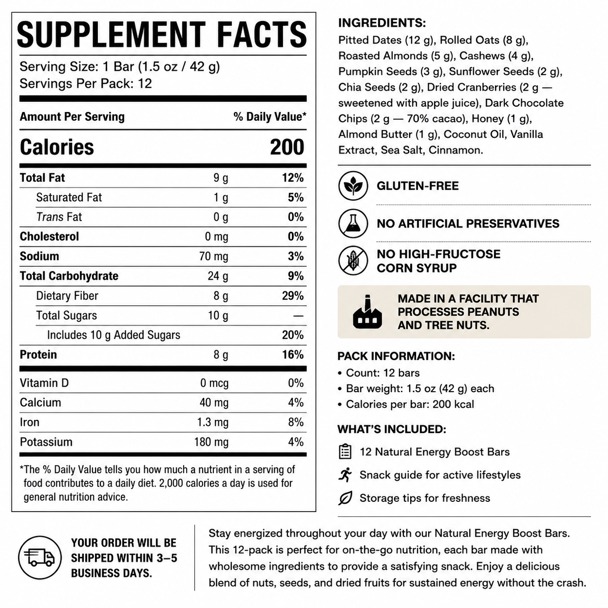 Natural Energy Boost Bars (12-pack) — Supplement Facts