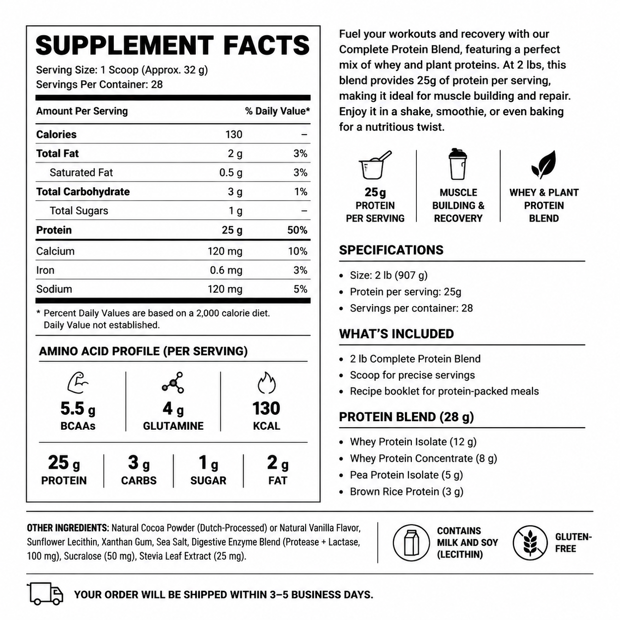 Complete Protein Blend (2lb) — Supplement Facts