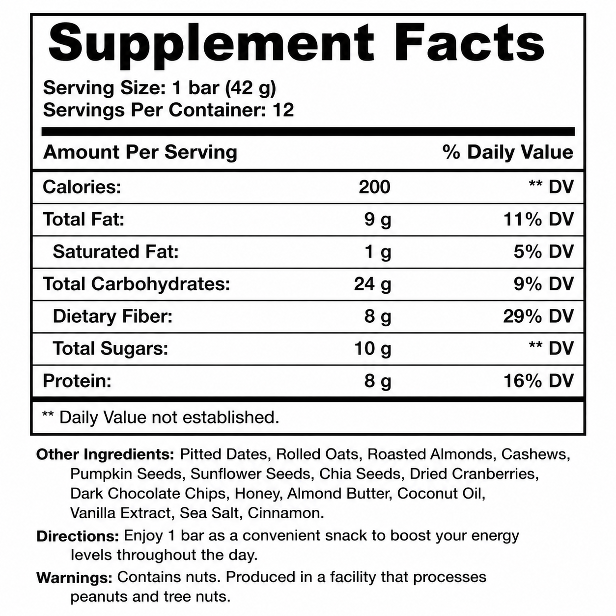 Natural Energy Boost Bars (12-pack) — Supplement Facts
